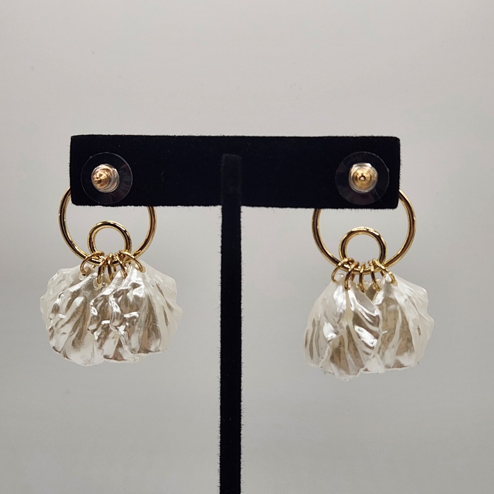 Gold Tone Hoop Earrings with White Petal Dangles Statement - Picture 3 of 6